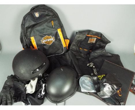 Harley - Davidson branded items to include bag, helmet, folder, other accessories including leather waistcoat, baseball cap, 