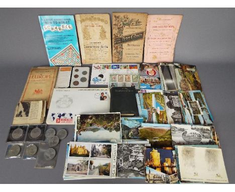 Lot to include postcards, vintage auction catalogues, commemorative crowns and similar.