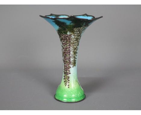 A Ginbari cloisonné enamel vase of trumpet form and shaped rim, floral decoration to a polychrome ground, approximately 12 cm