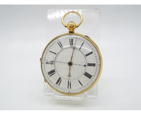 An 18ct gold cased open faced pocket watch, Roman numerals to a white enamel dial, the unsigned movement numbered 58845, 47mm
