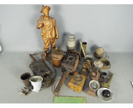 Mixed metalware, vintage safety lamp, silver plated lidded pot and similar.
