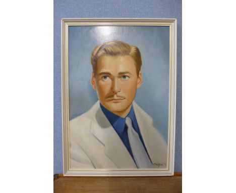 * Clayton, portrait of Errol Flynn, oil on board, dated 1975, framed 