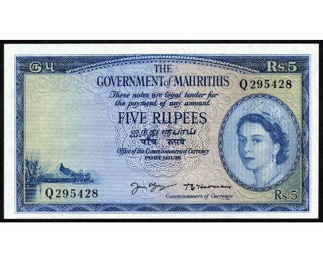 Mauritius P 27 The Government of Mauritius 5 Rupees (1954). Mountain scene at lower left portrait of Queen Elizabeth II at ri
