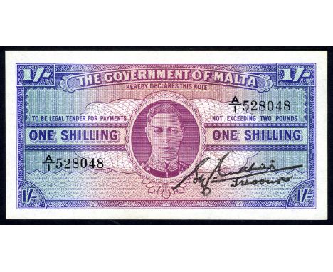 Malta P 16 Linzmayer B115a The Government of Malta 1 Shilling (1943). Portrait of King George VI at center on front. Signatur