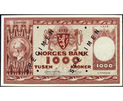 Norway P 35s Norges Bank1000 Kroner1949 SPECIMEN. Portrait of H. Ibsen at left coat of arms of Norway at upper center on fron