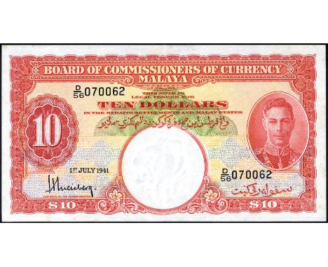 Malaya P 13 Linzmayer B114a Board of Commissioners of Currency Malaya 10 Dollars 1 July 1941. Portrait of King George VI at r