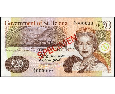 Saint Helena P 13s Linzmayer B309as Government of St. Helena 20 Pounds2004 SPECIMEN. Jamestown Harbor at upper left portrait 