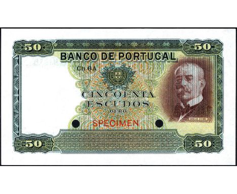 Portugal P 154ct Banco de Portugal 50 Escudos ND COLOR TRIAL. Green. Coat of arms of Portugal at upper center portrait of Ort