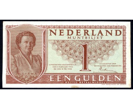 Netherlands AV 7.1b PL7.b P 72 P 72 Ministerie van Financiën 1Gulden 8 August 1949. Portrait of Queen Juliana at left on fron