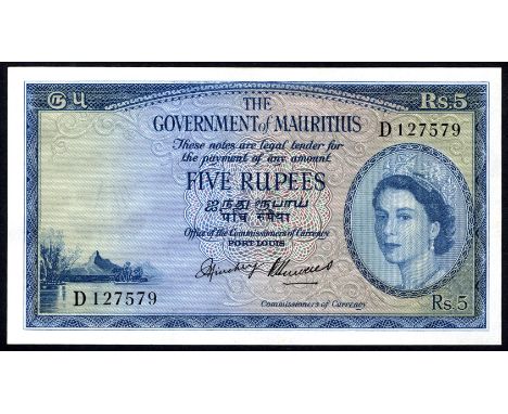 Mauritius P 27 The Government of Mauritius 5 Rupees (1954). Mountain scene at lower left portrait of Queen Elizabeth II at ri