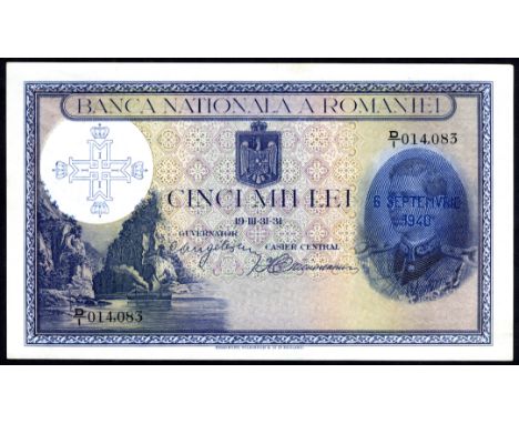 Romania P 48 Banca Nationala a Romaniei5000 Lei 6 September 1940 SPECIMEN. Cross wiht crowns at upper left Danube landscape a