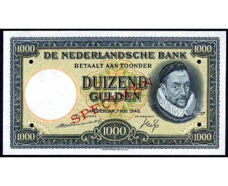 Netherlands AV 107s.1 P 80s PL125s.1 De Nederlandsche Bank1000 Gulden 7 May 1945 SPECIMEN. Portrait of William of Orange at r