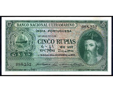 Portuguese India P 35 Jhunjhunwalla 12.29.1-7 Banco Nacional Ultramarino 5 Rupias 29 November 1945. Steamship seal Type III a