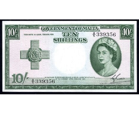 Malta P 23a Linzmayer B122a Government of Malta 10 Shillings L.1949 (1954). George Cross at left portrait of Queen Elizabeth 