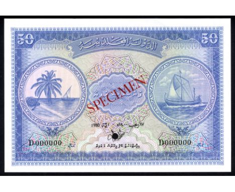 Maldives P 6cs Linzmayer B106cs Maldivian State Government Treasurer 50 Rupees1980 SPECIMEN. Palm tree and sail boat at left 