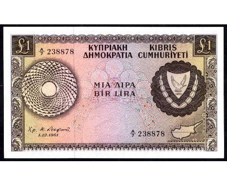 Cyprus P 39a Linzmayer B203a Republic of Cyprus 1 Pound 1 December 1961. Coat of arms of Cyprus at right map of Cyprus at low