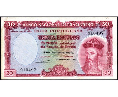 Portuguese India P 41 Banco Nacional Ultramarino Indo Portuguesa 30 Escudos 2 January 1959. Coat of arms of Portugal at lower