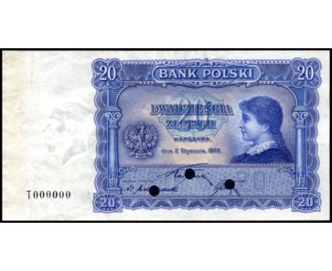 Poland P 68ct Milczak 67 Bank Polski 20 Zlotych 2 January 1928 COLOR TRIAL. Blue. Coat of arms of Poland at left center portr
