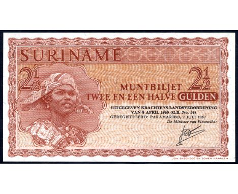 Suriname P 117b Muntbiljet 2½ Gulden 2 July 1967. Portrait of a girl wearing hat at left on front. # ZP 131564. PCGS 63 PPQ C