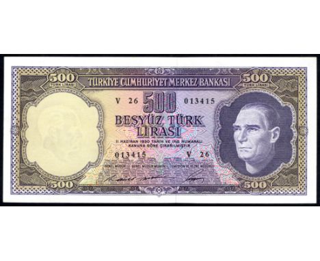 Turkey P 183 Linzmayer B261a Central Bank of Turkey 500 Lira L.1930 (3 June 1968). Portrait of Mustafa Kemal Atatürk at right