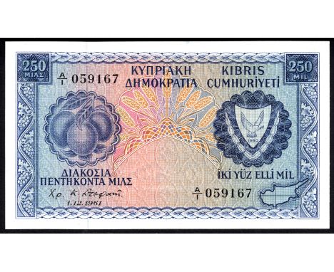 Cyprus P 37a Linzmayer B201a Republic of Cyprus 250 Mils 1 December 1961. Oranges at left coat of arms of Cyprus at right map