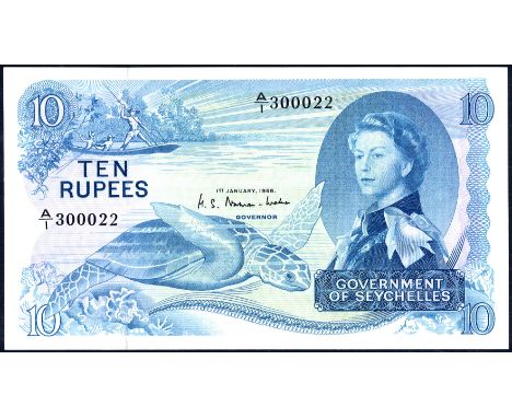 Seychelles P 15a Linzmayer B122a Government of Seychelles 10 Rupees 1 January 1968. Men in boat at upper left sea tortoise at