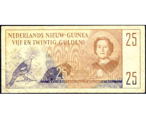 Netherlands New Guinea P 15a Linzmayer B205a Nederlands Nieuw-Guinea 25 Gulden 8 December 1954. Crowned pigeon bird at left p