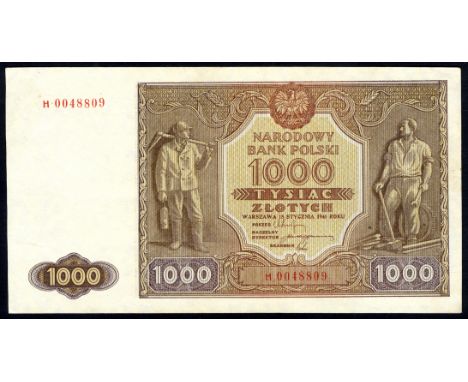 Poland P 122 Linzmayer B819a Milczak 122a Narodowi Bank Polski1000 Zlotych 15 January 1946. Miner holding pick and lantern at
