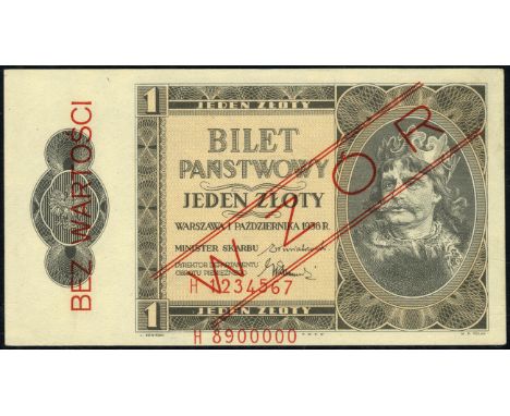 Poland P 50s  Milczak 78Wa Ministry of Finance 1 Zloty 1 October 1938 SPECIMEN. Coat of arms of Poland at left portrait of Ki