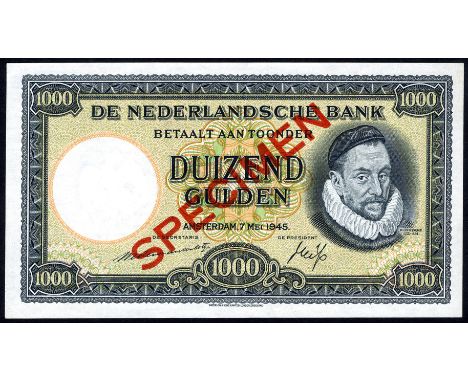 Netherlands AV 107s.2 P 80s PL125.s2 De Nederlandsche Bank1000 Gulden 7 May 1945 SPECIMEN. Portrait of William of Orange at r