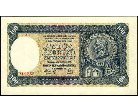 Slovenia P 11a Linzmayer B304a Republic of Slovakia 100 Korun 2 October 1940. Church at lower right portrait of Prince Pribin