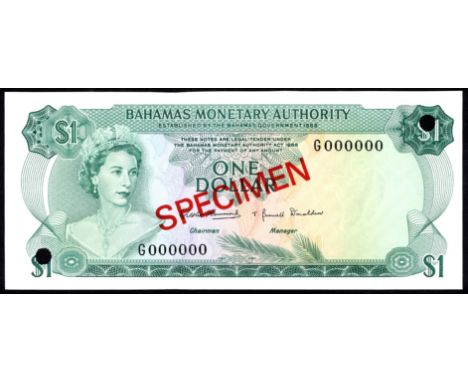 Bahamas P 27s Linzmayer B202as Bahamas Monetary Authority 1 Dollar L.1968 SPECIMEN. Portrait of Queen Elizabeth II at left on