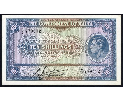 Malta P 19 Linzmayer B118 10 Shillings (1940). Portrait of King George VI at right on front. Signature Cuschieri. # A/3 77967