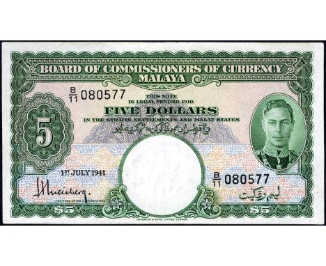 Malaya P 12 Linzmayer B113a Board of Commissioners of Currency Malaya 5 Dollars 1 July 1941. Portrait of King George VI at ri