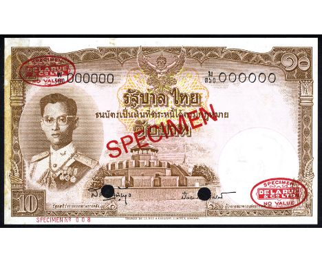 Thailand P 76ds Government of Thailand 10 Baht-1953 SPECIMEN. Portrait of King Rama IX at left Mahagal Fortress at center on 