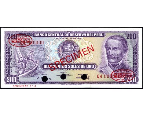 Peru P 96s Banco Central de Reserva del Peru 200 Soles de Oro 23 February 1968 SPECIMEN. Fishermen at left coat of arms of Pe