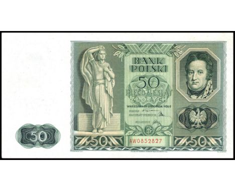 Poland P 78a Milczak 77a Bank Polski 50 Zlotych 11 November 1936. Standing woman at left center portrait of Jan Hendryk Dabro