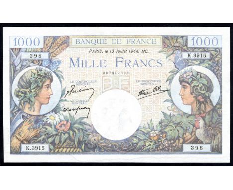 France P 96c Fayette 39.11 Banque de France1000 Francs 13 July 1944. Portrait of women depicting Agriculture at left and righ