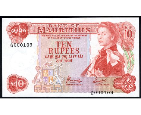 Mauritius P 31c Linzmayer B402c Bank of Mauritius 10 Rupees (1967). SPECIMEN. Coat of arms of Mauritius at lower left center 