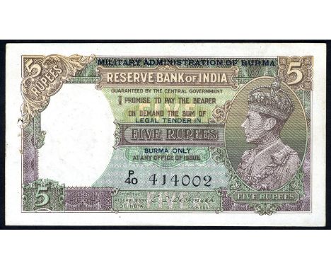 Burma P 26b Linzmayer B504b Military Administration of Burma 5 Rupees (1945). Portrait of King George VI at right on front. S