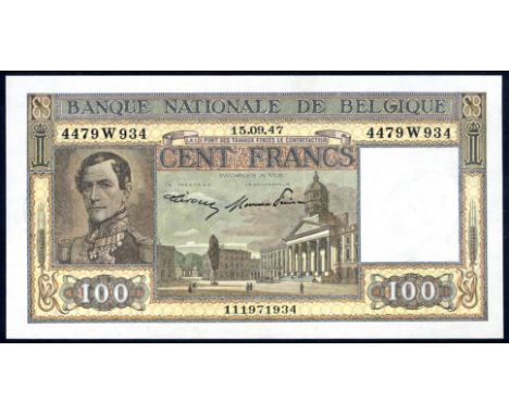Belgium NBBB-64b P 126 Banque Nationale de Belgique 100 Francs 15 September 1947. Portrait of Leopold I at left Justice Palac