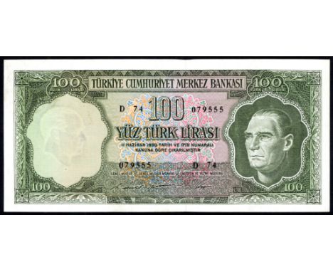 Turkey P 182 Linzmayer B259a Central Bank of Turkey 100 Lira L.1930 (17 March 1969). Portrait of Mustafa Kemal Atatürk at rig