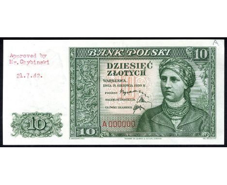Poland P 82ct Milczak 82 Bank Polski 10 Zlotych 15 August 1939 COLOR TRIAL. Green. Portrait of woman with headscarf at right 