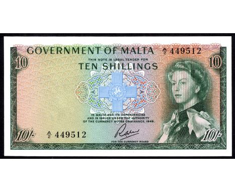 Malta P 25a Linzmayer B124a Government of Malta 10 Shillings L.1949 (1963). George Cross at center portrait of Queen Elizabet