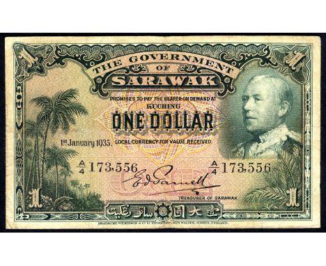 Sarawak P 20 Linzmayer B213a The Government of Sarawak 1 Dollar 1 Janauary 1935. Palm trees at left portrait of Charles Vyner