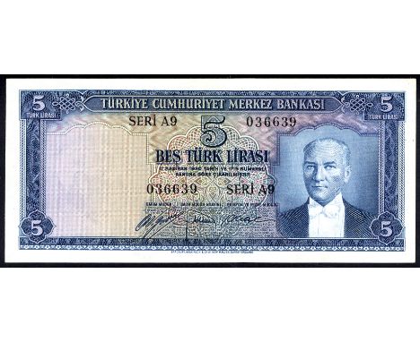 Turkey P 154 Linzmayer B235a Central Bank of Turkey 5 Lira L.1930 (10 November 1952). Portrait of Mustafa Kemal Atatürk at ri