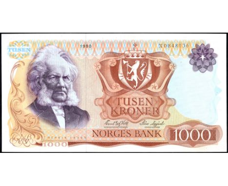 Norway P 40r Sæthre 75B MWR RH11 Norges Bank1000 Kroner1980 REPLACEMENT. Portrait of Henrik Ibsen at left coat of arms of Nor