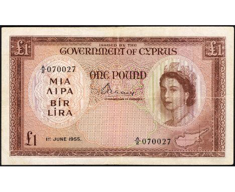 Cyprus P 35a Linzmayer B135a Government of Cyprus 1 Pound 1 June 1955. Portrait of Queen Elizabeth II at right map at lower r