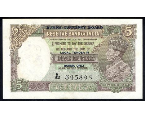 Burma P 31 Linzmayer B602a Burma Currency Board 5 Rupees (1947). Portrait of King George VI at right on front. Signature Desh