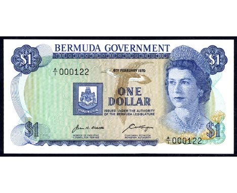 Bermuda P 23 Linzmayer B124a Bermuda Government 1 Dollar  6 February 1970 LOW SERIAL NUMBER. Portrait of Queen Elizabeth II a